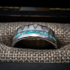 Turquoise Tungsten Ring, Hammered Tungsten Wedding Band, Turquoise Stone Ring, 8mm Ring, Brushed Wedding Ring, Anniversary Band, Engagement image 4