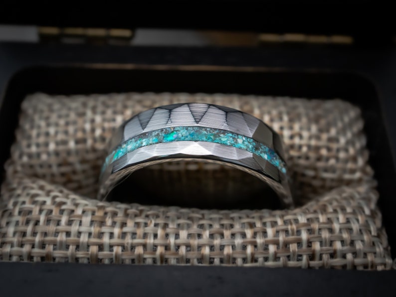 Turquoise Tungsten Ring, Hammered Tungsten Wedding Band, Turquoise Stone Ring, 8mm Ring, Brushed Wedding Ring, Anniversary Band, Engagement image 4