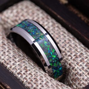 Tungsten Carbide Dark Green Opal Ring, Men's Handmade Tungsten Wedding Ring, Unique Anniversary Gift For Men, Men and Women's Promise Ring