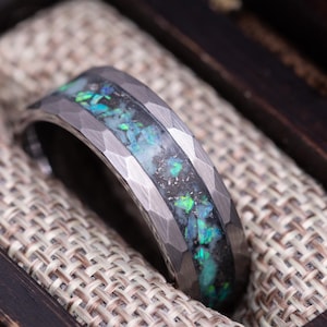 Hammered Tungsten Carbide Wedding Band, Dark Green Opal Anniversary Ring For Men, Handmade Ring, Glow In The Dark Wedding Ring, Meteorite