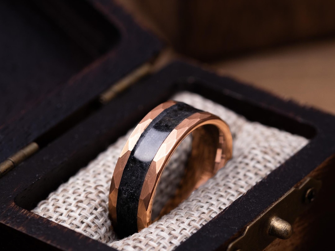 Rose Gold Tungsten Obsidian Wedding Band, Men's Black Obsidian Ring