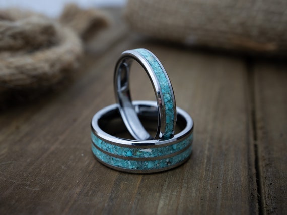 Duel Inlay Turquoise Ring Set, Turquoise Ring, 8mm 4mm Tungsten 