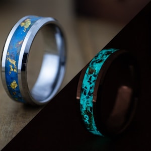 Tungsten Black Opal Glow Ring, Blue Tungsten Glow Wedding Band, 24k Gold, Anniversary Gift, Wedding Band for Men & Women, Glow In The Dark