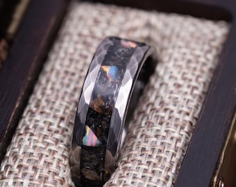 Men's Hammered Tungsten Ring, Men's White Opal Wedding Ring, Dinosaur Bone Ring For Men, T-Rex Bone Ring, Men's Wedding Ring, Tungsten Band