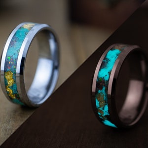 Tungsten Black Opal Glow Ring, Green Tungsten Carbide Engagement, 24k Gold, Anniversary Gift, Wedding Band for Men & Women, Glow In The Dark