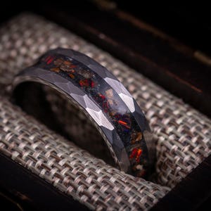 Hammered Tungsten Wedding Ring, Dinosaur Bone & Dark Red Opal Ring, T-Rex Bone Band, Unique Gift For Men, Men&#39;s Black Ring Dinosaur Bone