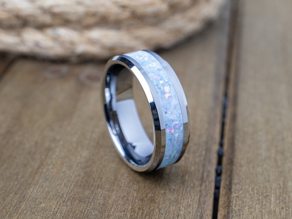 White Opal Tungsten Ring, Tungsten Carbide Wedding Ring, Men's