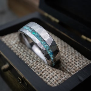 Turquoise Tungsten Ring, Hammered Tungsten Wedding Band, Turquoise Stone Ring, 8mm Ring, Brushed Wedding Ring, Anniversary Band, Engagement image 3