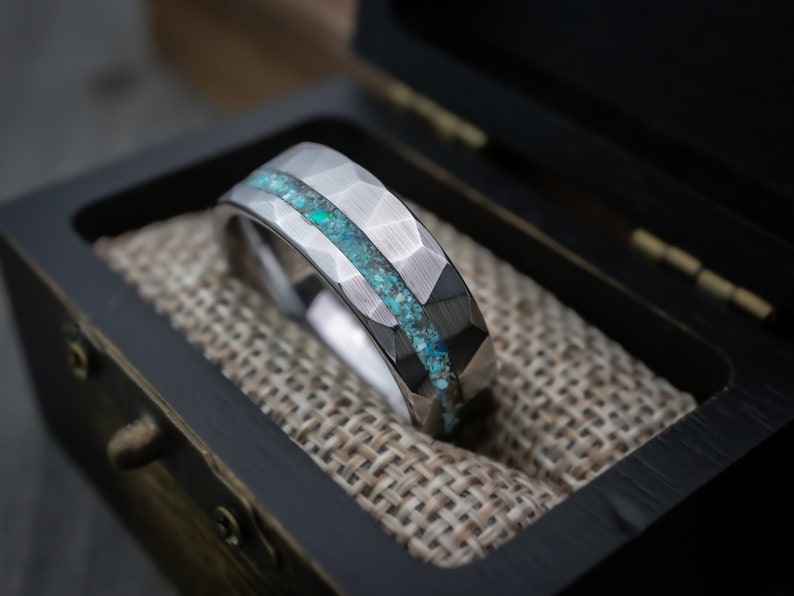 Turquoise Tungsten Ring, Hammered Tungsten Wedding Band, Turquoise Stone Ring, 8mm Ring, Brushed Wedding Ring, Anniversary Band, Engagement image 3