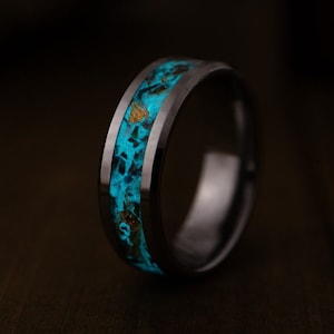 Tungsten Black Opal Glow Ring, Tungsten Carbide Engagement Ring, 24k Gold, Anniversary Gift, Wedding Band for Men & Women, Glow In The Dark