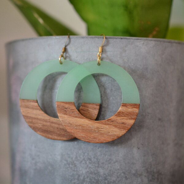 Circle Earrings, Wood and Resin, Beach Earrings, Boho Earrings, Unique Earrings, Statement Earrings, Big Earrings, Ready to Ship