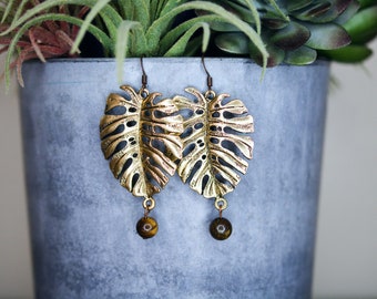 Brass Monstera Earrings, Monstera Earrings, Leaf Earrings, Plant Lover Gift, Gift for Her, Monstera Jewelry, Statement Earrings, OOAK