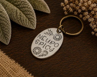 Neurospicy Keychain – Hand-Stamped Pewter Keyring – Neurodivergent Gift – ADHD Autism Pride – Sunflower Charm