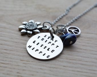 Hippie Necklace, Charm Necklace, Boho Necklace, Gift for Her, Unique Gift, Hippie Gift, Teen Gift, Stamped Necklace, Summer Jewelry