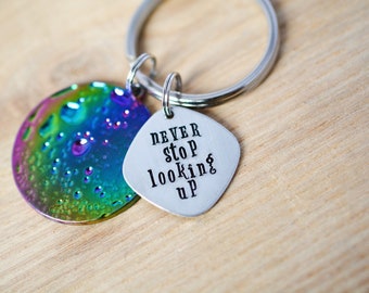 Never Stop Looking Up Keychain, Moon Keychain, Space Keychain, Rainbow Keychain, Metal Keychain, Boho Gift, Teen Gift, New Driver Gift