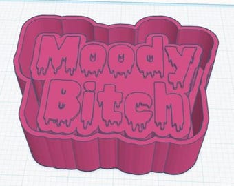 May include: A pink plastic cookie cutter in the shape of a speech bubble with the words "Moody Bitch" in a dripping font.
