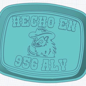 Könnte beinhalten: Eine türkisfarbene, rechteckige Schale mit abgerundeten Ecken. Die Schale trägt den Text "HECHO EN 956 ALY" in fetten, stilisierten Buchstaben. In der Mitte befindet sich ein Cartoon-Igel mit Cowboyhut.