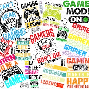 May include: A collage of gaming-related graphics and text in multiple colours. The design features phrases such as "Gamer Mode On," "Don't Quit the Game," and "Gaming is not a Crime," alongside controller illustrations and a skull wearing headphones.