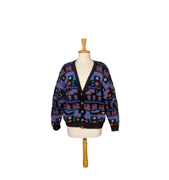 80s NEW WAVE meets AZTEC Bold Hand Knit Cardigan S