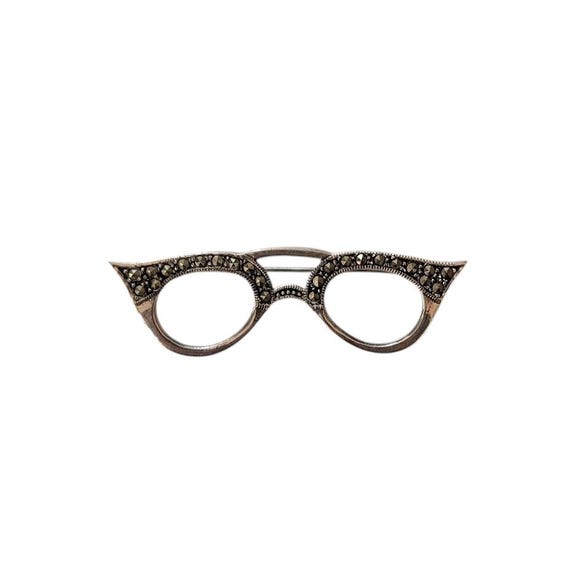 80s STERLING CATS EYE Glasses Brooch Pin Marcasite Rhinestone