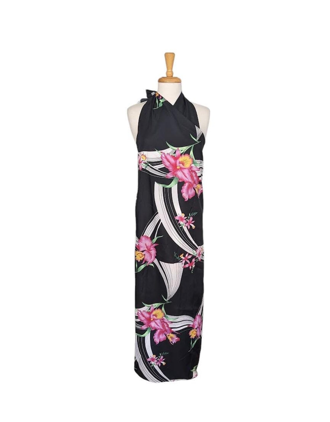 70s HILO HATTIE SARONG Hawaiian Maxi Dress S M L Xl One Size Black ...