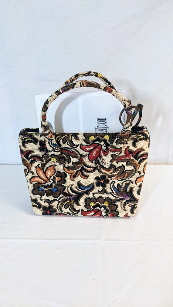 50s 60s Floral TAPESTRY CARPET BAG Chic Handbag P… - image 2