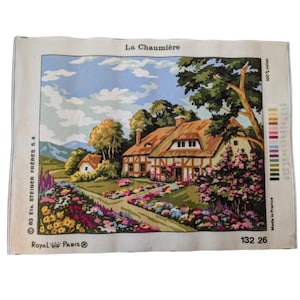 Tela de bordado Royal Paris grande dos anos 70, 18x23, Steiner Freres Le Chaumière, França, estilo casa de campo francesa/jardim.