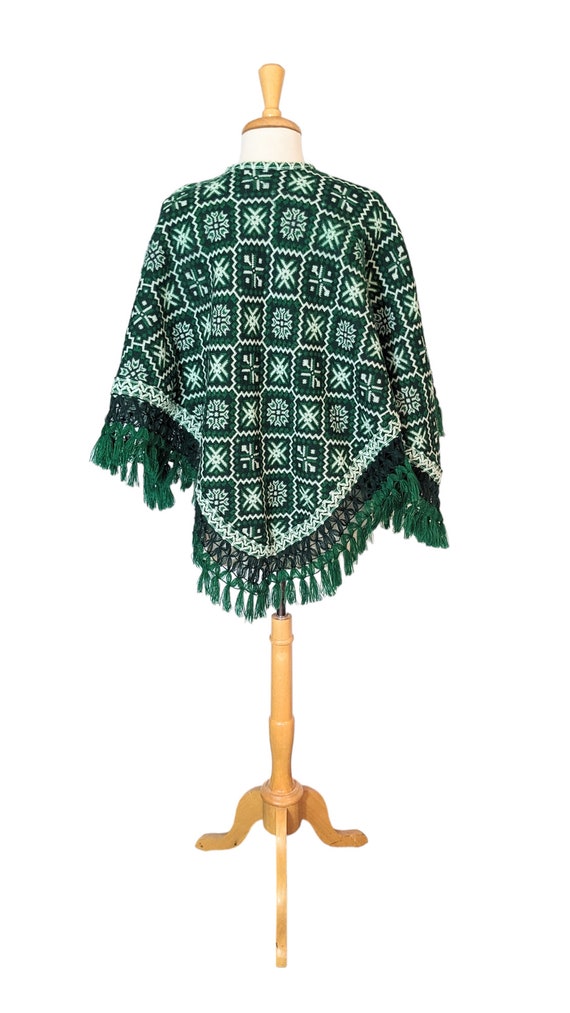 70s WOVEN BLANKET PONCHO Green White Handwoven Et… - image 3