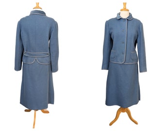 70s COURREGES WOMENS SUIT M Cadet Blue Boiled Wool Boucle Skirt Blazer