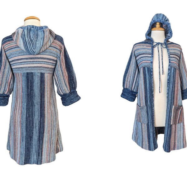 70s SPACE DYE Cardigan S M Sweater Coat Maxi Hombre Handknit Stripe Boho Festival Hippie Lagenlook Indigo Denim blues