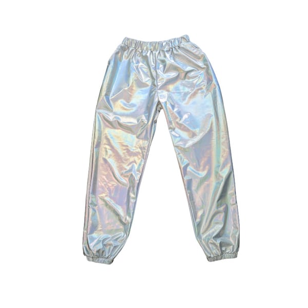 90s OIL SLICK Silver PANTS M Disco Party Metallic Space Robot Rave Spaceman Alien Emo Unisex Mens Womens Futuristic