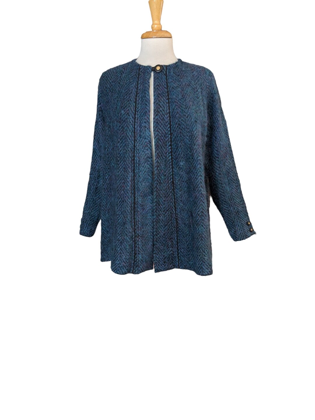 80s Mohair LE BLANC MOUTON Swing Coat S M Fuzzy Wool Jacket Blazer Teal