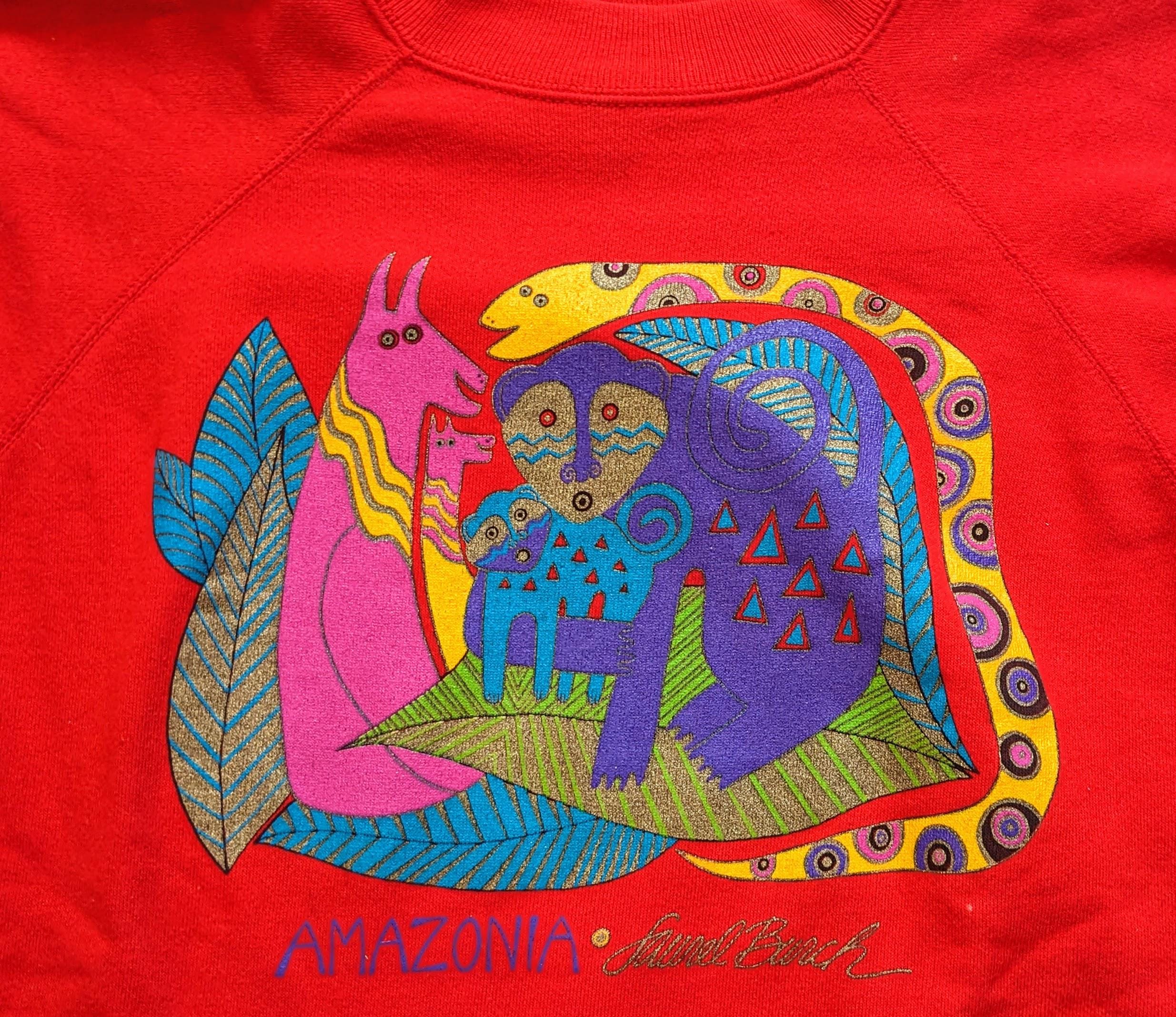 80s New LAUREL BURCH SWEATSHIRT L Amazonia Jungle Cat Snake 