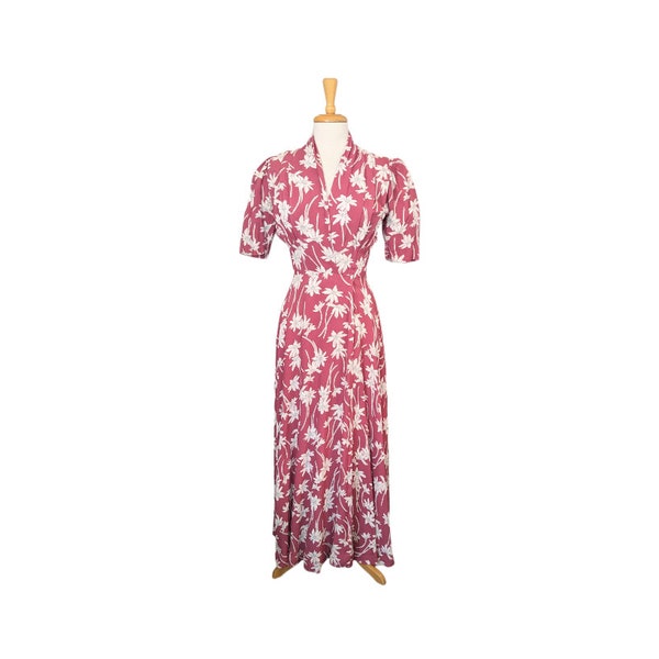 30s 40s Chic Floral EVENING GOWN 2 4 Rose Mulberry Mauve Pink Grey Wrap Dressing Robe Dance Cocktail Ballgown wwii Tea Dance
