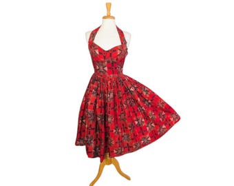 50s Rockabilly Tiki HALTER DRESS xs xxs Batik Print Hawaiian Cocktail Circle Skirt Hot Orange Red Eggplant Aloha Backless Sundress 0 2