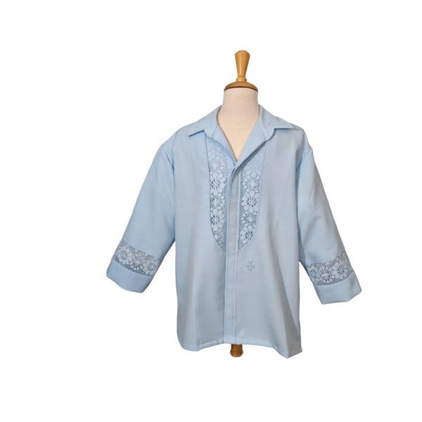 70年代 ブルー IOLANI メンズ GUAYABERA シャツ L xl 新品 タグなし レースパネル & 刺繍ロゴ ハワイアン アロハ ユニフォーム ルアウ ホテル ハワイ製 nwot