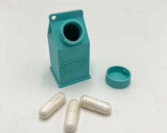 Lactose en tolerante PILL CONTAINER, Lactose-intolerant, Pill Box, Pill Case, Pill Organizer,