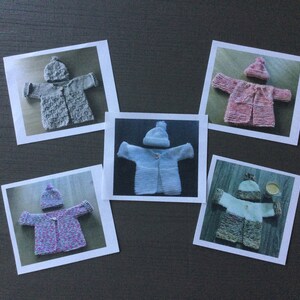 May include: Five photos of knitted baby sweaters and hats. The sweaters are in various colors, including gray, pink, blue, and multi-colored. The hats are all white.