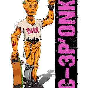 May include: Illustration of a punk robot in orange and gray tones, holding a skateboard. The robot wears a torn white shirt with the word "PUNK" and a spiked headpiece. A black sign with the text "G-3PONK" is on the right.