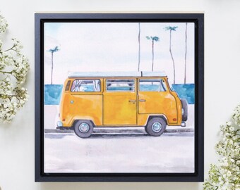 Framed Print on Canvas, VW Bus and Beach PRINT,  Volkswagen Van Painting,  Landscape California Surfer Artwork, Beach Vibes Camper Painting