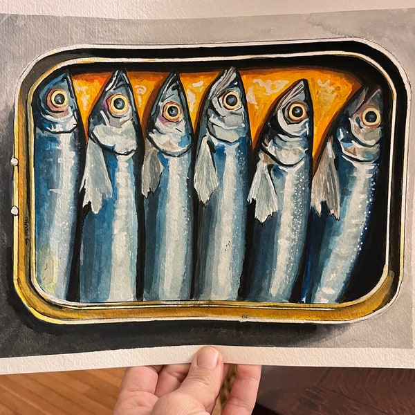 Sardines in a can PRINT, Simple Art FIsh POSTER, Sardine Fish Art GICLEE, Funky Wall Decor, Fishing, Funny Quirky Simple Minimalist artwork