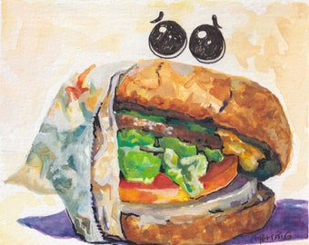 Hamburger Emoji Original Watercolor Gouache Ink Art Painting Humorous 5x5