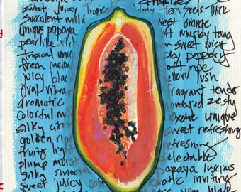 Cuadro original de media papaya, póster de gouache de fruta vibrante, decoración tropical, pintura artística de papaya, arte mural de cocina, ilustración de fruta original