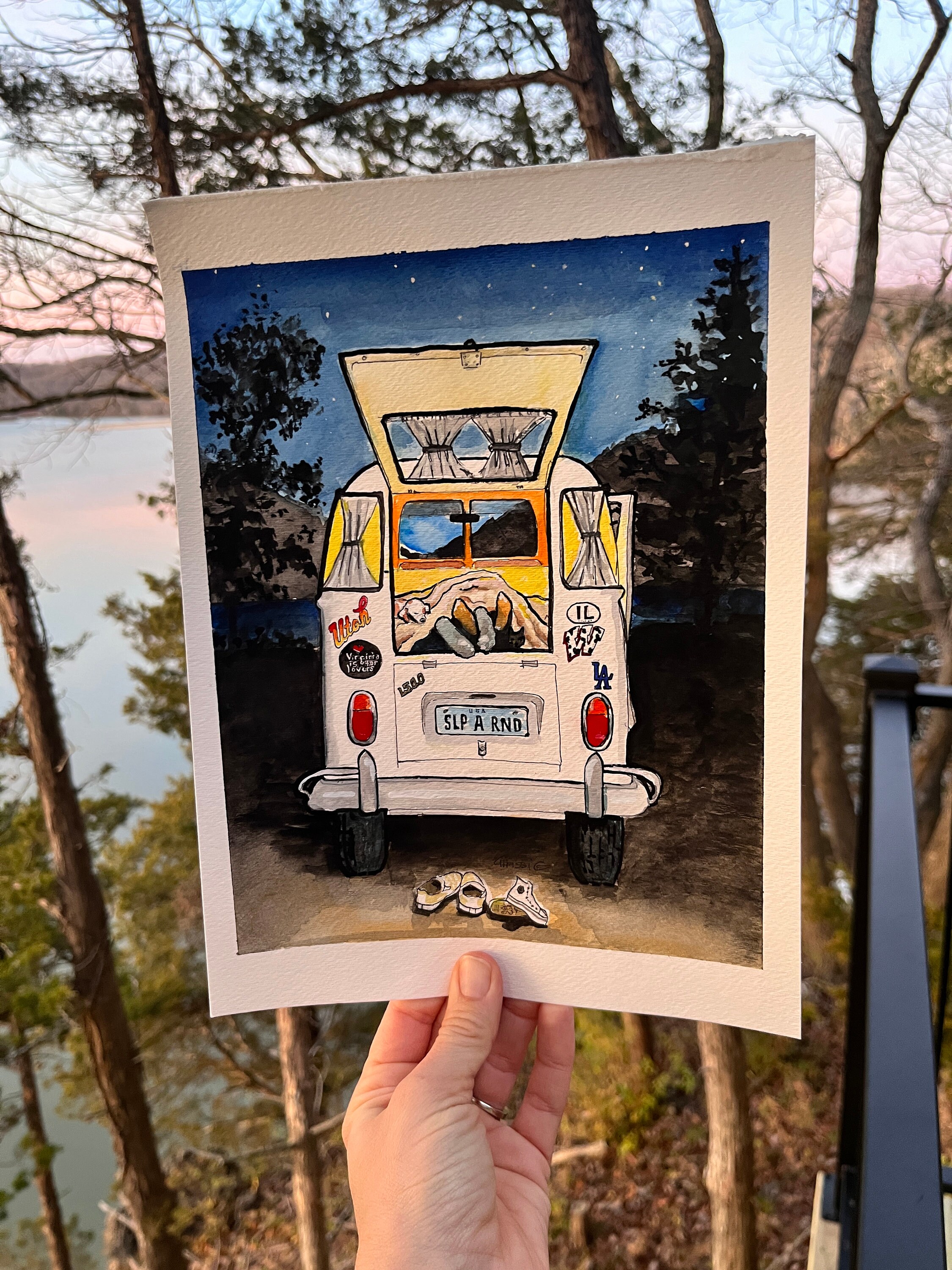 Vintage Bus Camper Original Gouache Painting, Classic Car Simple Art ...