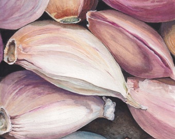 Digital Art Watercolor Painting of Garlic cloves, Garlic Illustrative Art Print Digital File Printable Download, Foodie Art Painting