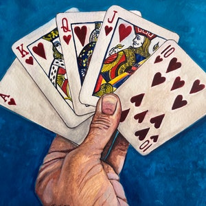 Lucky Poker Hand Pintura original de Gouache, Juego de cartas Arte simple, Decoración de pared peculiar y funky, Pintura de escalera real, Regalo para jugador de cartas