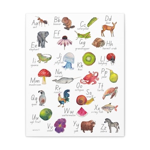 Cartel del alfabeto de animales y objetos de la naturaleza sobre lienzo, cartel del alfabeto natural preescolar en casa, jardín de infantes, impresión de arte del bosque,