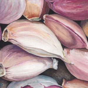 Garlic Cloves Still life PRINT Giclee, onion art, garlic lover gift for her, foodie art, funky quirky painting, Garlic Poster,