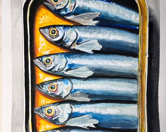 May include: A watercolor painting of a rectangular tin filled with six silver sardines arranged horizontally. The fish have prominent yellow eyes and are submerged in a vibrant orange oil. The tin has a metallic gold rim and a dark interior.