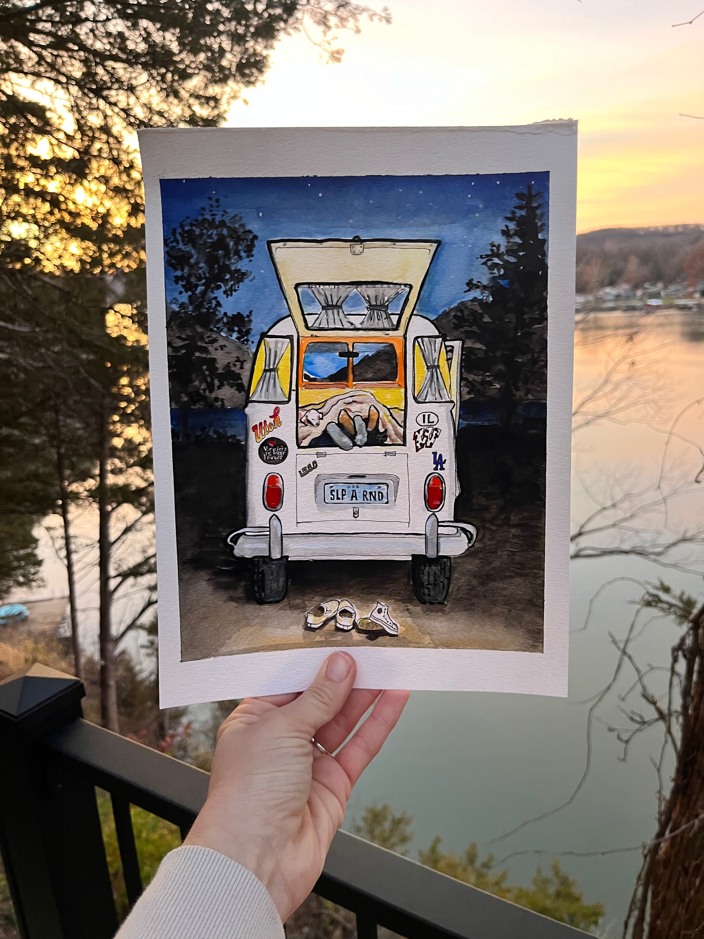 Vintage Bus Camper Original Gouache Painting, Classic Car Simple Art ...